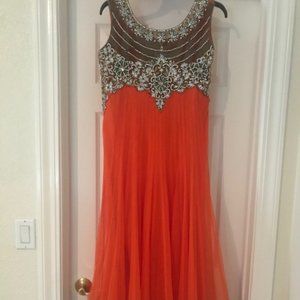 Embellished Orange Maxi Dress with Beaded Sheer Yoke